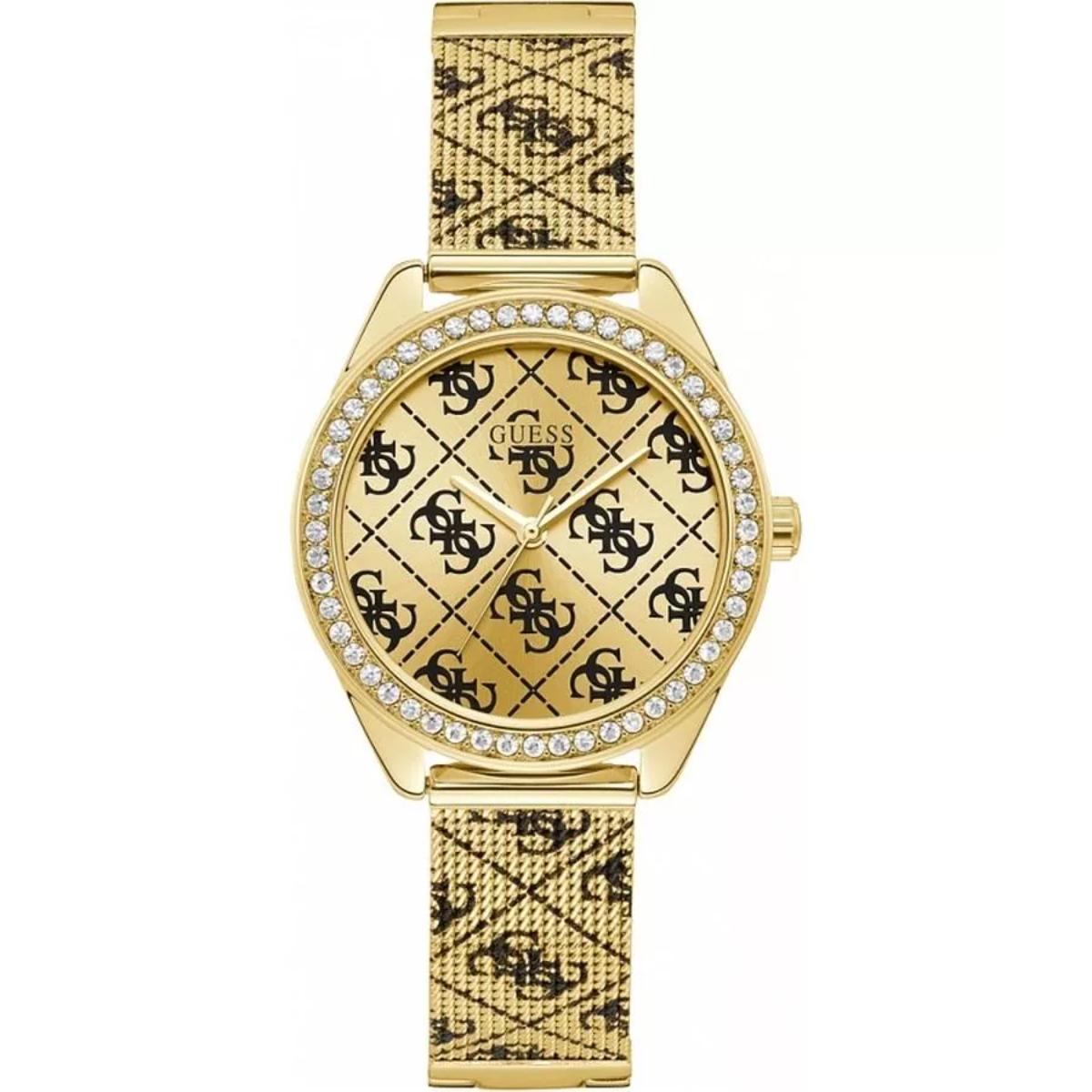 Gold watch with black patterned strap on a white background