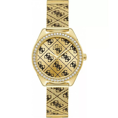 Gold watch with black patterned strap on a white background