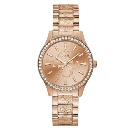 Rose gold watch with crystal accents on a white background