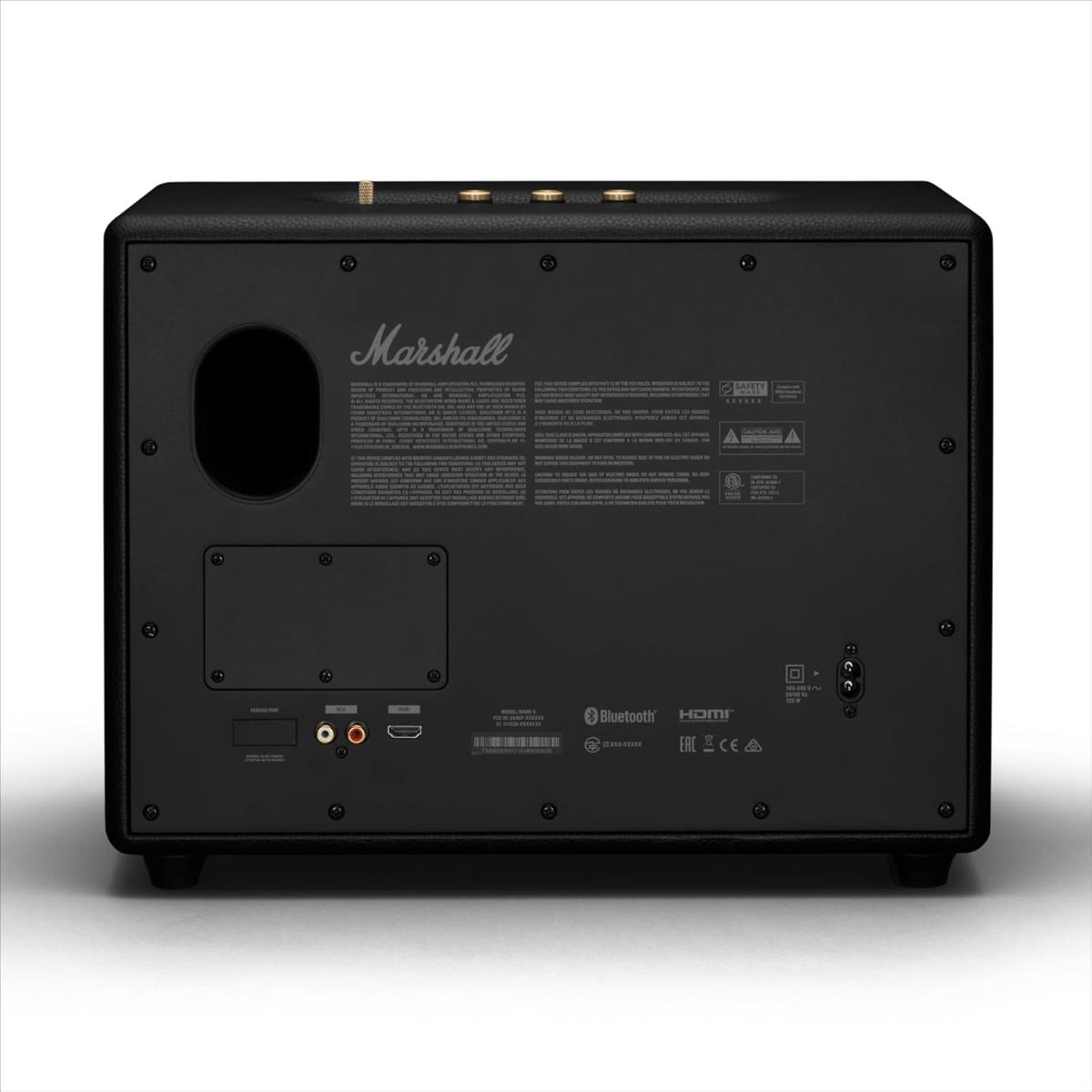 Back view of a black Marshall speaker on a white background