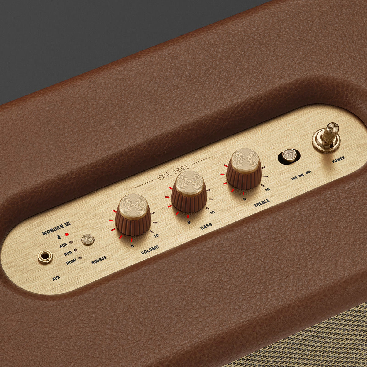 Close-up of a brown and gold audio control panel with knobs and buttons.