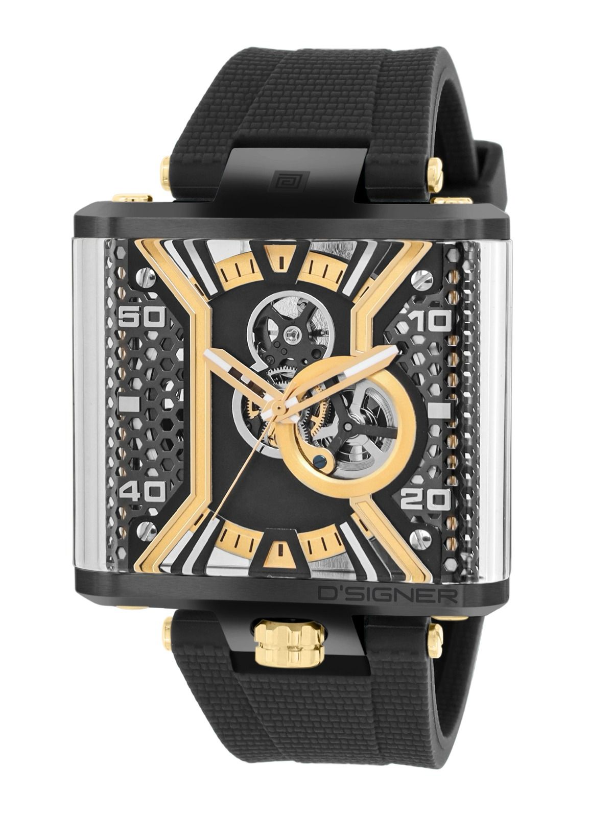D'SIGNER Gold Square Dial Black Silicon Strap Automatic Men's Watch