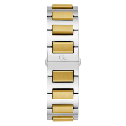 Two-tone watch with gold and silver bands on a white background