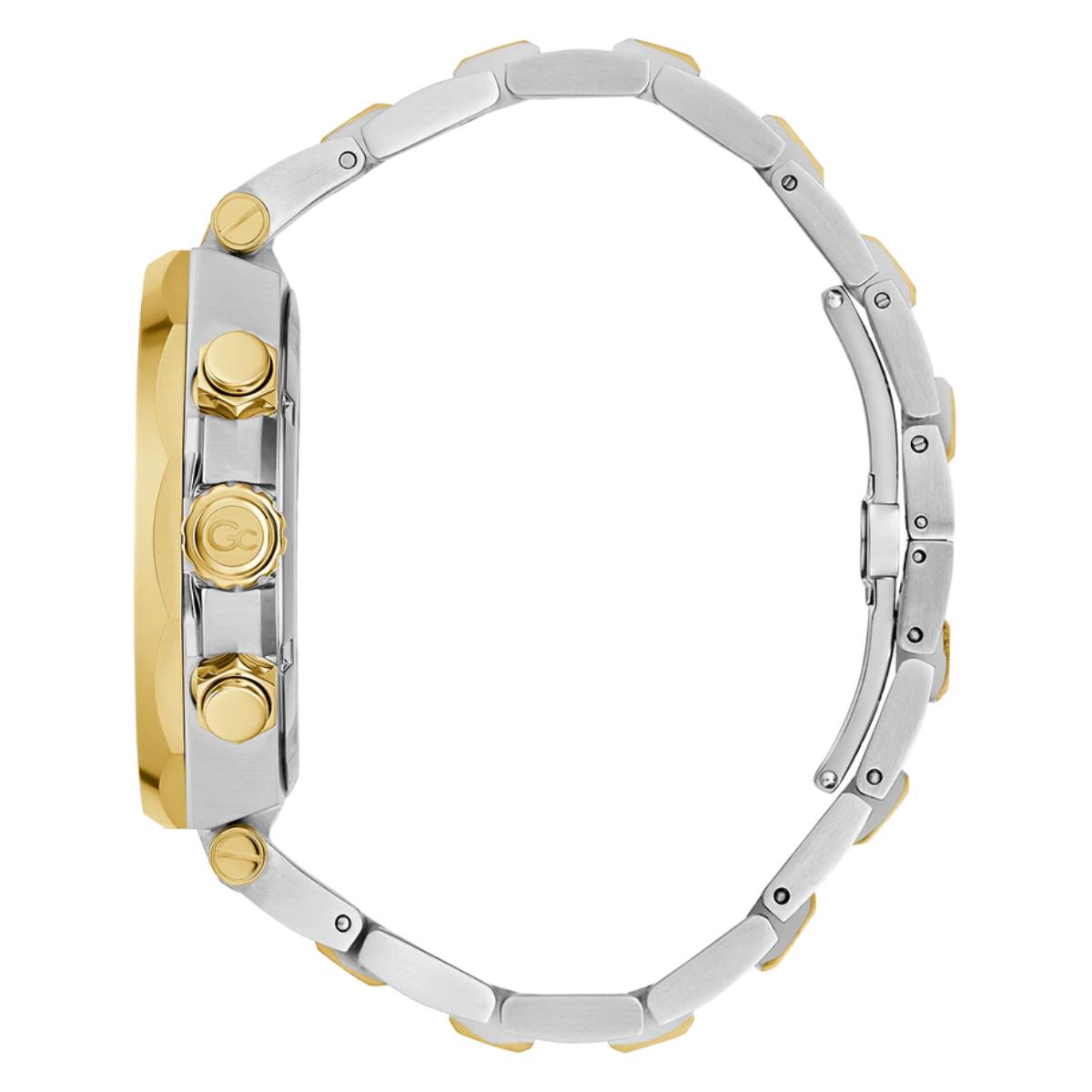 Close-up of a watch with a two-tone metal band on a white background