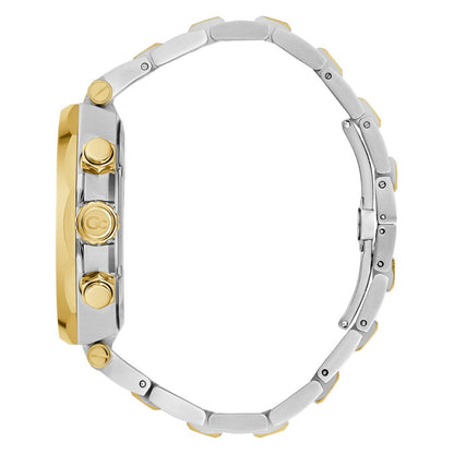 Close-up of a watch with a two-tone metal band on a white background
