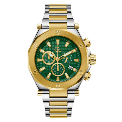 Two-tone gold and silver watch with a green dial on a white background