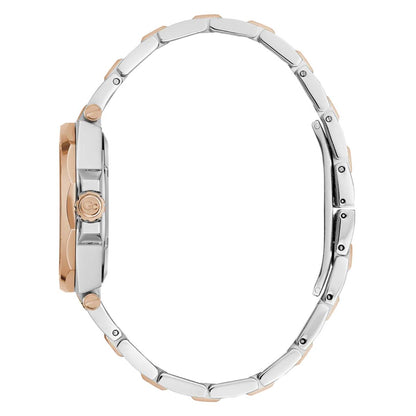 Close-up of a silver and rose gold watch band on a white background