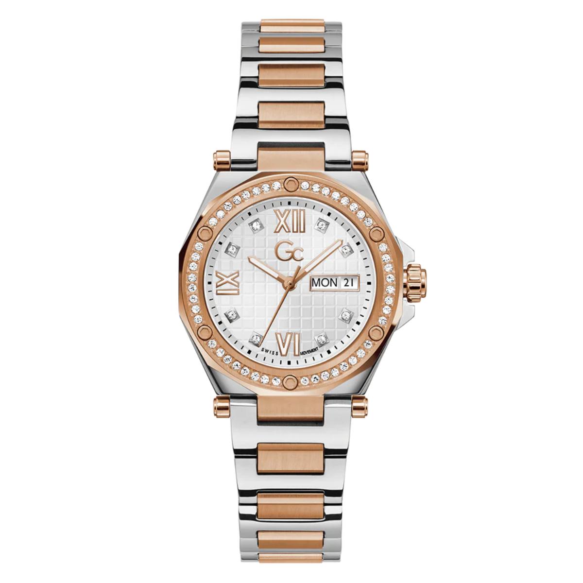 Two-tone watch with rose gold and silver band on a white background