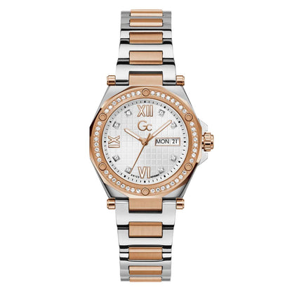 Two-tone watch with rose gold and silver band on a white background