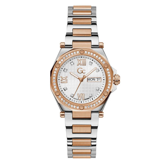 Two-tone watch with rose gold and silver band on a white background