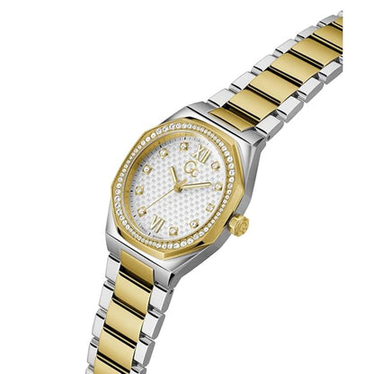 Two-tone gold and silver watch with a white face on a white background