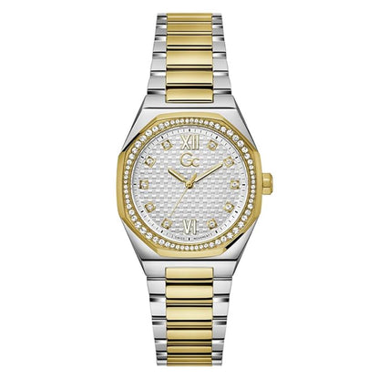 Two-tone gold and silver watch with a diamond-studded face on a white background