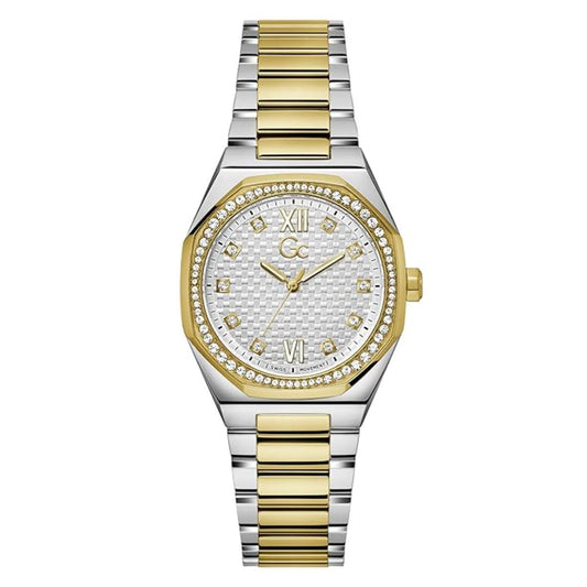 Two-tone gold and silver watch with a diamond-studded face on a white background