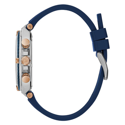 Close-up of a watch with a blue strap and rose gold accents on a white background