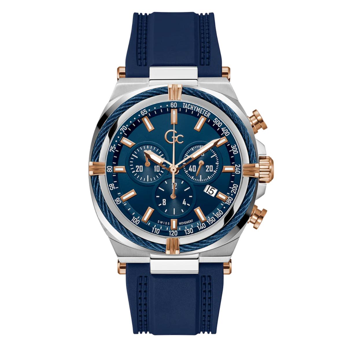 Luxury watch with blue strap and detailed face on a white background
