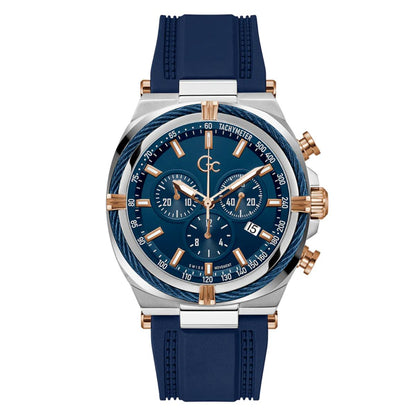 Luxury watch with blue strap and detailed face on a white background