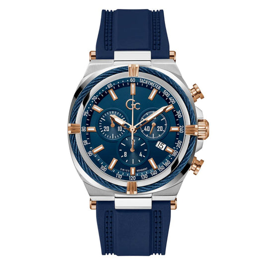 Luxury watch with blue strap and detailed face on a white background