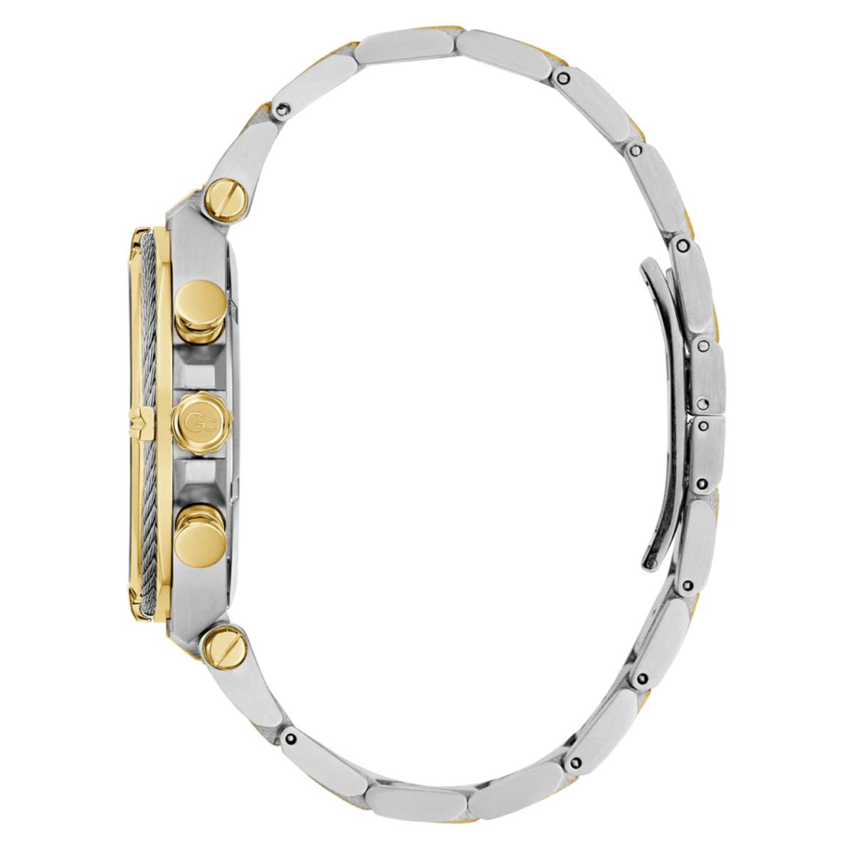 Close-up of a silver and gold watch with a white background