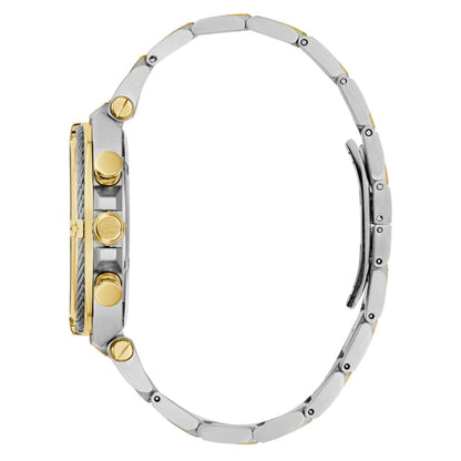 Close-up of a silver and gold watch with a white background