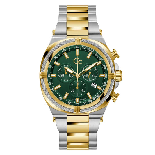 Gold and silver watch with green dial on a white background