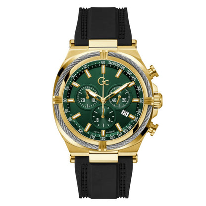 Gold and green watch with black strap on a white background