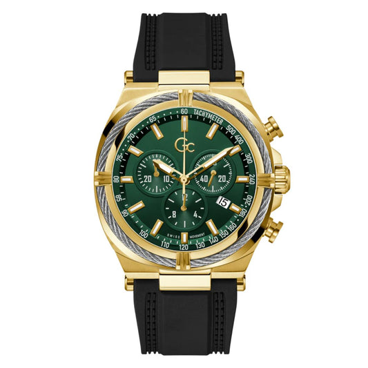 Gold and green watch with black strap on a white background