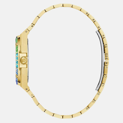 Gold watch strap with colorful gemstones on a white background