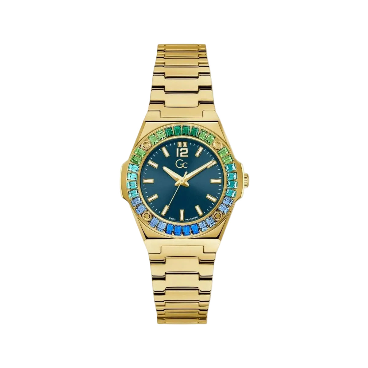 Gold watch with a blue face and gemstone accents on a light gray background