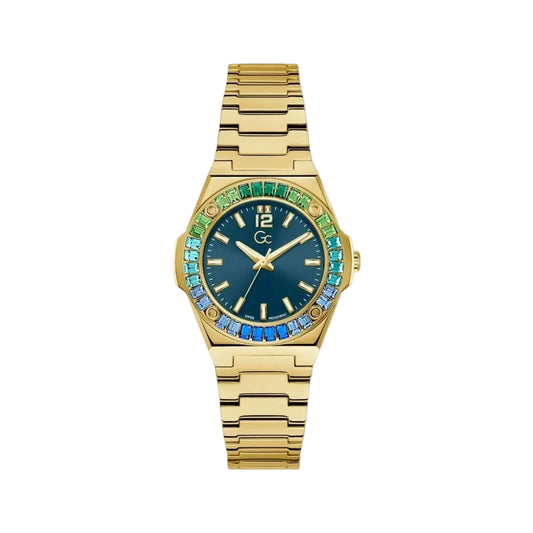 Gold watch with a blue face and gemstone accents on a light gray background