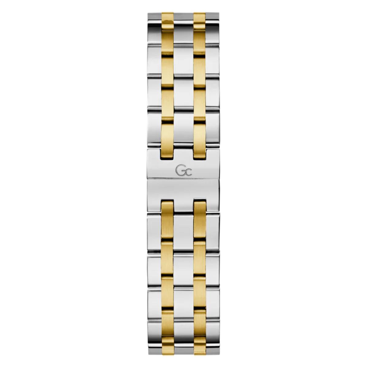Two-tone silver and gold watch strap on a white background