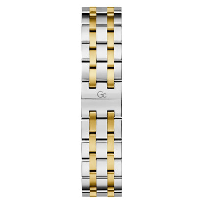 Two-tone silver and gold watch strap on a white background