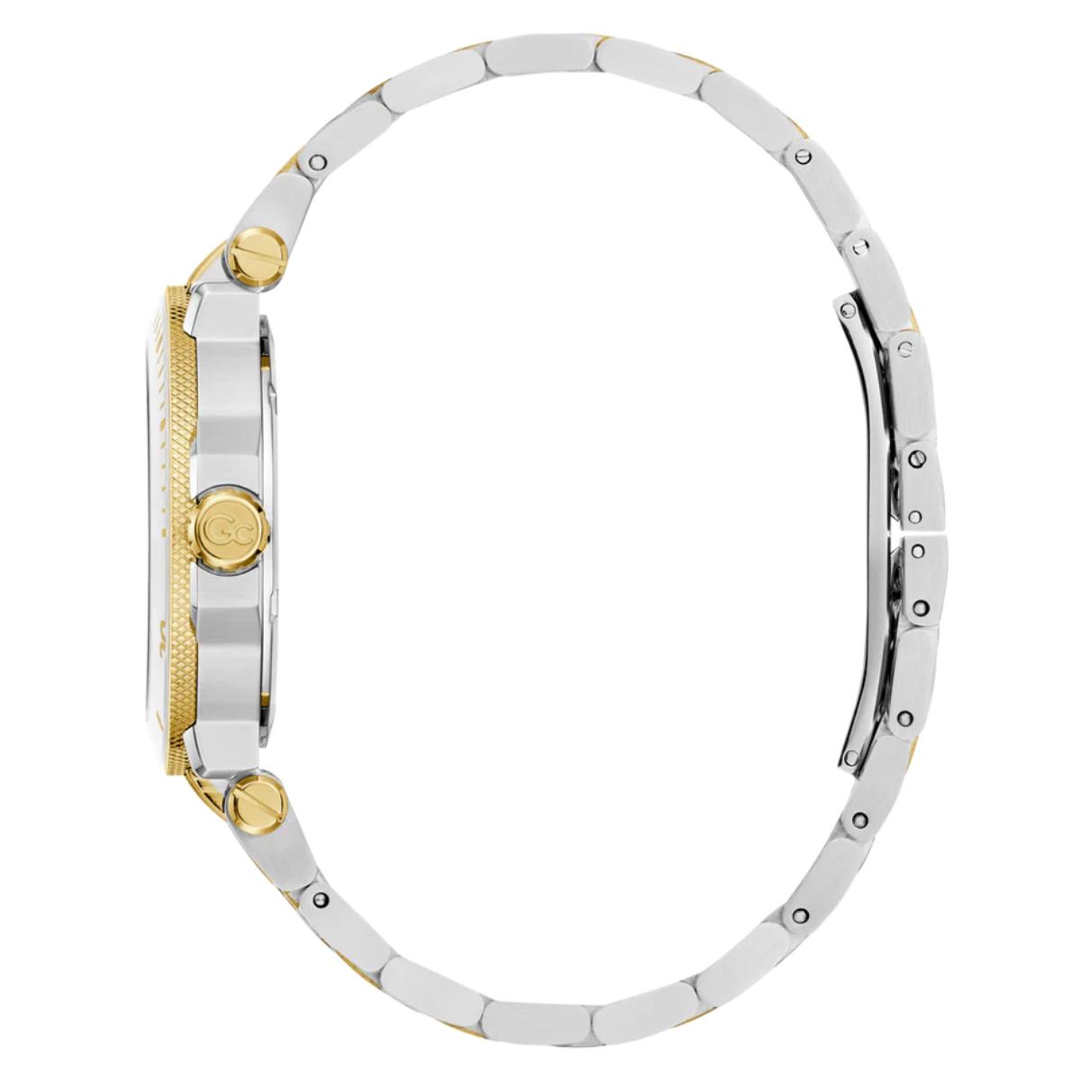Two-tone watch with silver and gold band on a white background