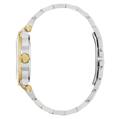 Two-tone watch with silver and gold band on a white background
