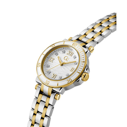 Two-tone watch with gold and silver bracelet on a white background
