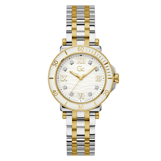 Two-tone watch with gold and silver band on a white background