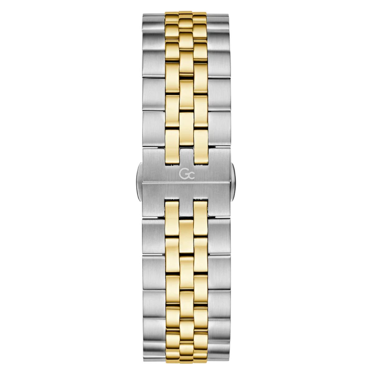 Two-tone silver and gold watch strap on a white background
