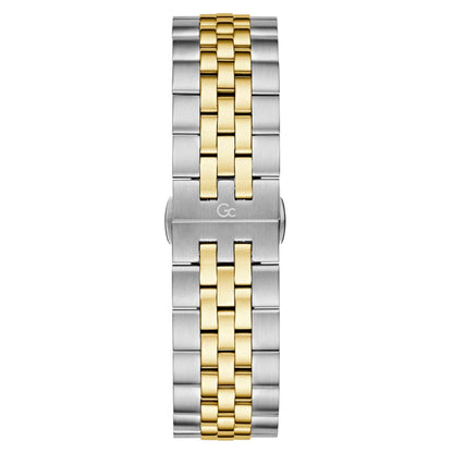 Two-tone silver and gold watch strap on a white background