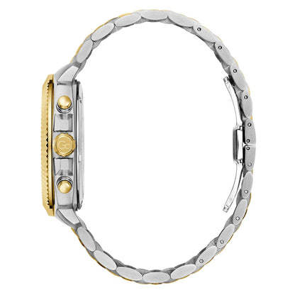 Close-up of a watch with a silver and gold band on a white background