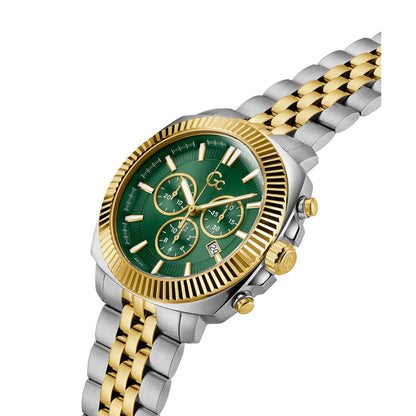 Two-tone silver and gold watch with a green face on a white background