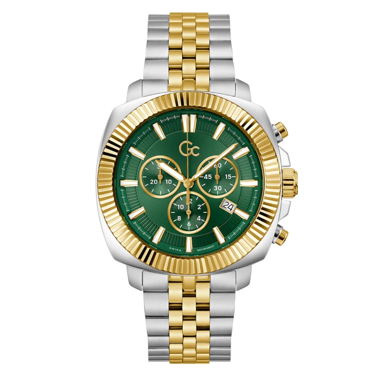 Luxury watch with green face, gold and silver band on white background