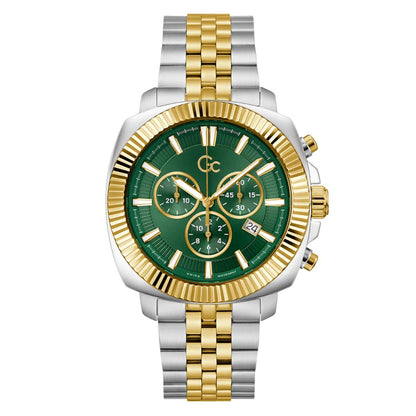 Luxury watch with green face, gold and silver band on white background