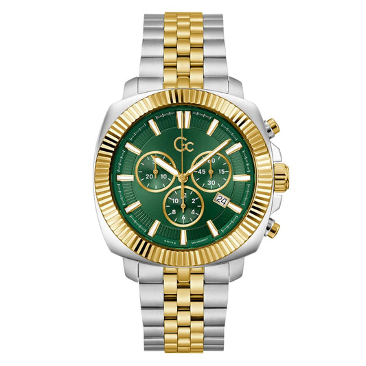 Luxury watch with green face, gold and silver band on white background