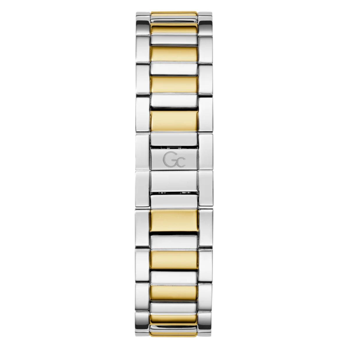 Two-tone silver and gold watch band on a white background