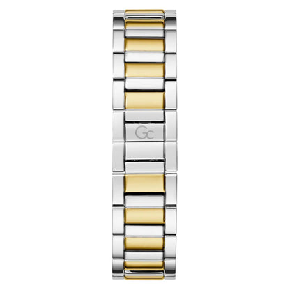 Two-tone silver and gold watch band on a white background