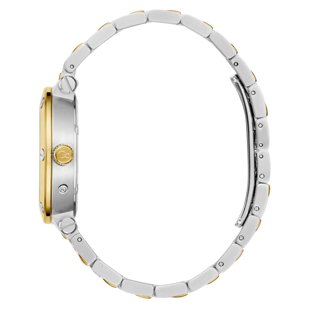 Close-up of a silver and gold watch band on a white background