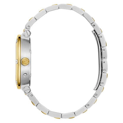 Close-up of a silver and gold watch band on a white background
