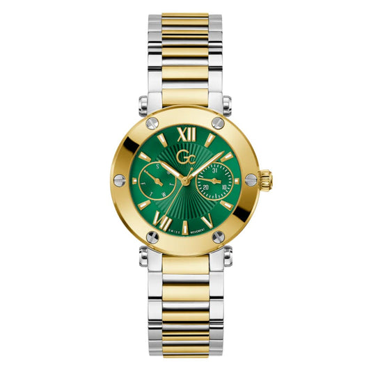 Two-tone gold and silver watch with a green face on a white background