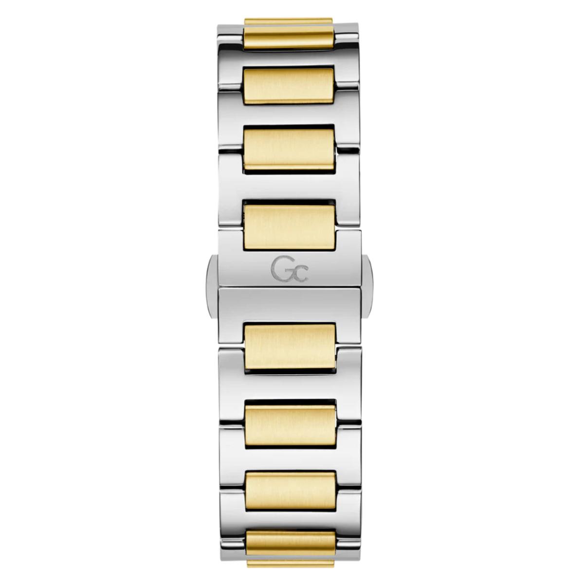 Two-tone silver and gold watch strap on a white background