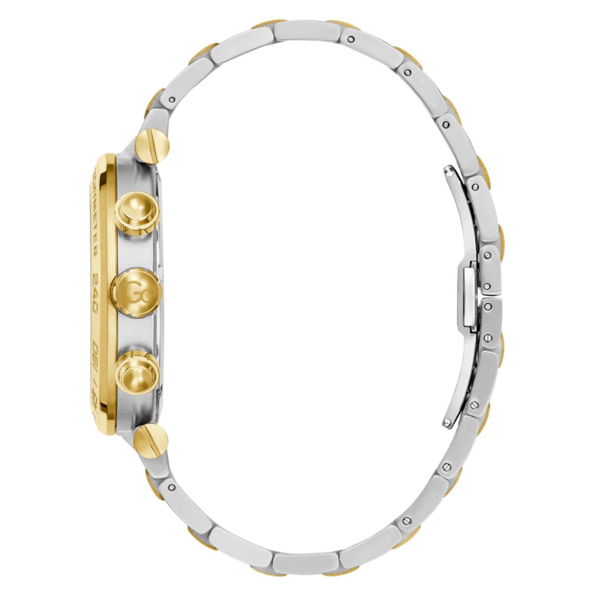 Two-tone watch with gold and silver accents on a white background