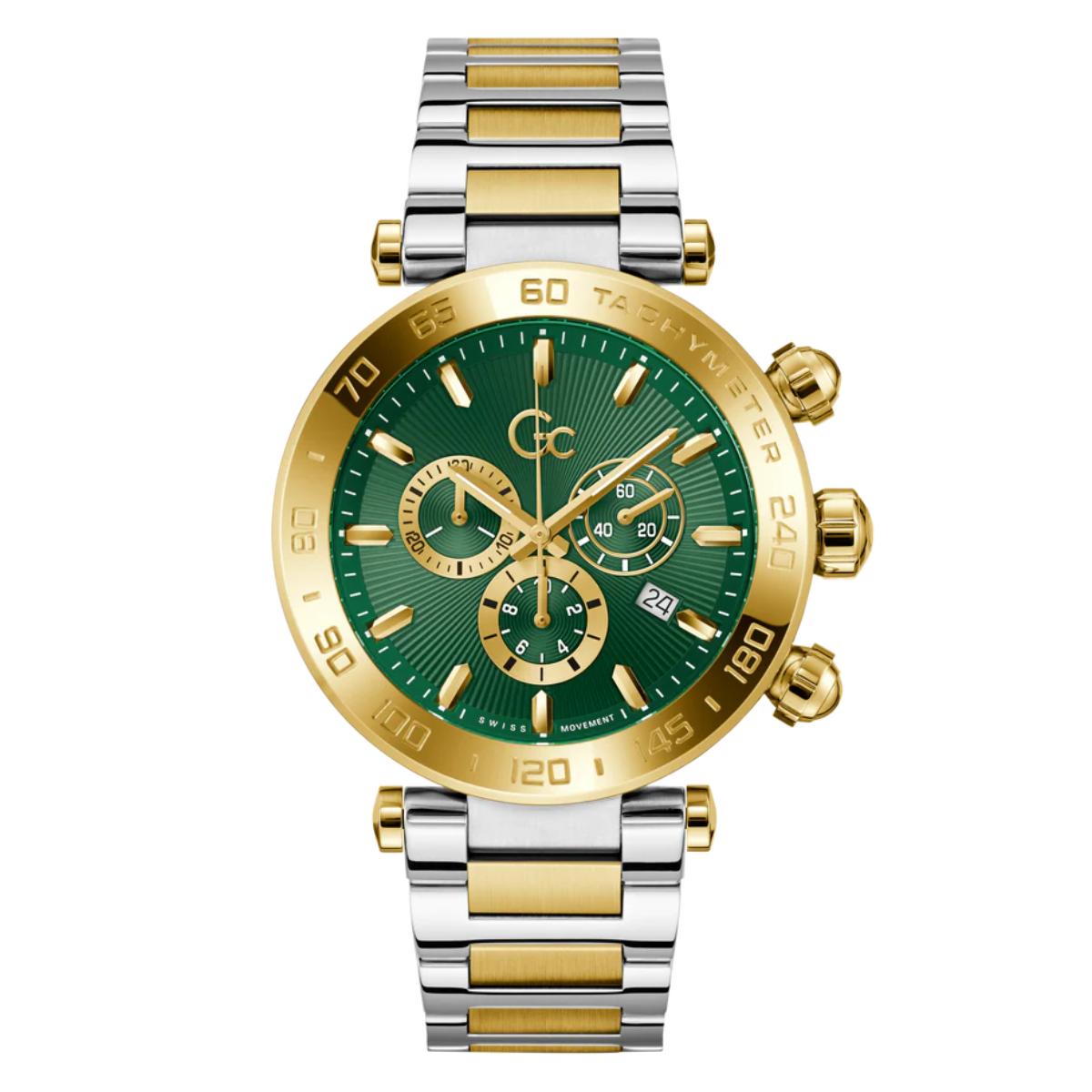 Luxury watch with green face, gold accents, and silver and gold band on white background